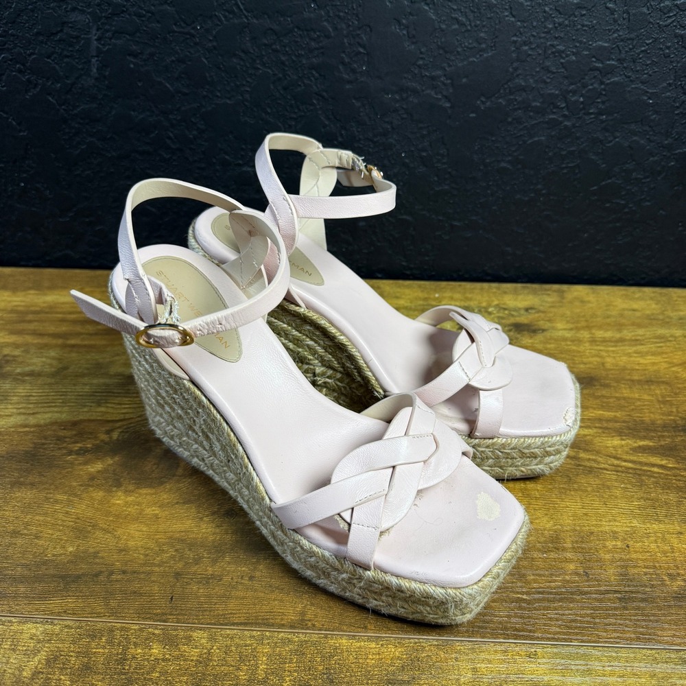 Stuart‎ Weitzman Sunray Pink Leather Espadrille Wedge Sandals Womens Size 8.5